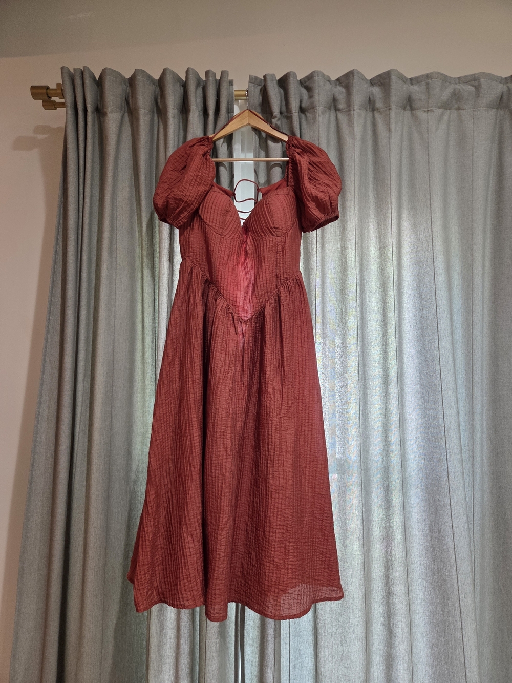 Fashion Nova Rust Red Puff Sleeve Midi Dress